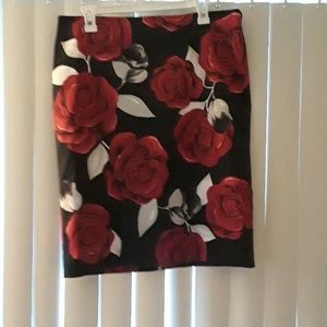 Red, Black, and White Floral A-Line Silk Skirt